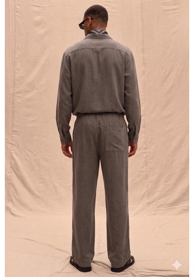 Tarz Cool Erkek Haki Tencel Kumaş Oversize Gömlek Pantolon Takım Rahat Kesim Yazlık Kombin