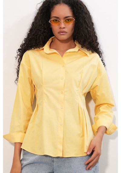 Bigdart Kadın Belden Oturtmalı Poplin Gömlek 20384 - Sarı