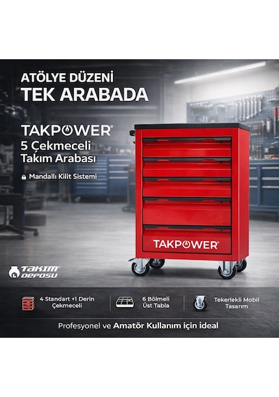 Takpower 5 Çekmeceli Boş Takım Arabası Kırmızı