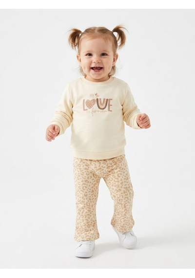 HelloBaby Pamuklu Kalp Detaylı 2li Kız Bebek Takım Krem