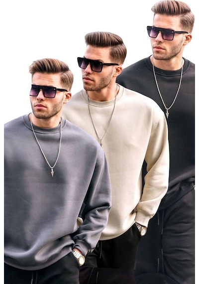 Madmext Füme/bej/siyah Bisiklet Yaka Oversize Şardonlu Basic Erkek 3'lü Paket Sweatshirt E7448 Füme/bej/siyah
