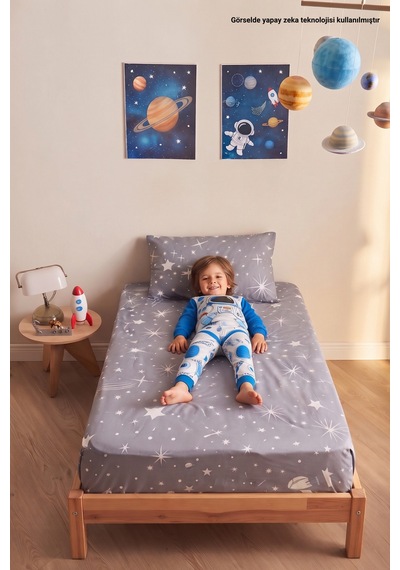 Yıldız Desenli Yastık Kılıflı Tek Kişilik Lastikli Çarşaf Takımı 100x200 Cm Çarşaf+yastık Kılıfı Gri