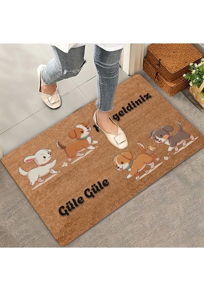 Valerine Life İkili Sevimli Yavru Köpekler Hoş Geldiniz Ve Güle Güle Kapı Önü Paspası 45x70cm