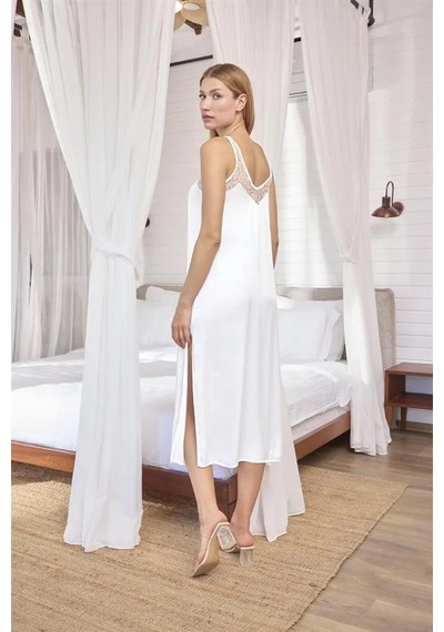 Ang Butik Kadın Dantelli Ve Dekolteli Saten Sabahlık Takımı BEYAZ