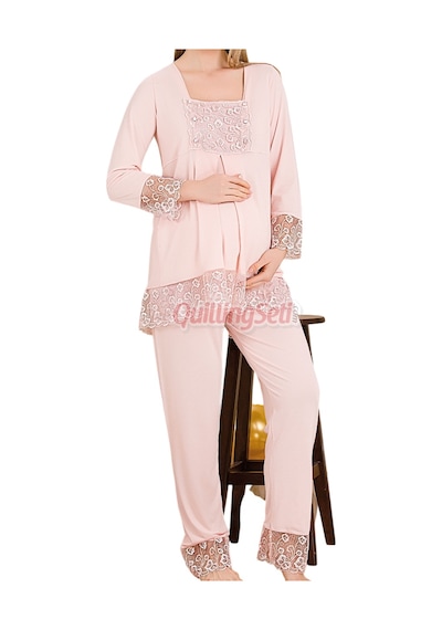 Lady Bebe Pembe Renkli Dantel Detaylı, 33203 Uzun Kol, 2 Parça Lohusa Hamile Pijama Takımı Açık Pembe