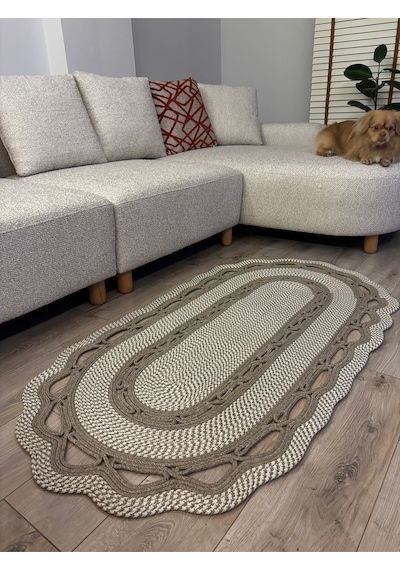 Mavaux Sarmaşık Model Oval Hasır Görünümlü Jüt Kilim Paspas Halı Taş