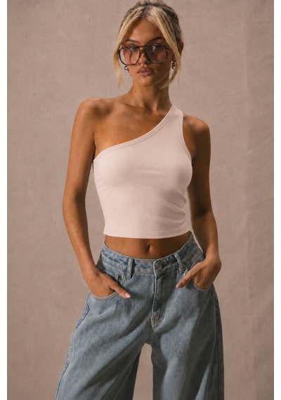 Cool Tarz Kadın Tek Omuz Crop Atlet Esnek Slim Fit Süprem Kumaş Asimetrik Yaka Bluz Bej Bej