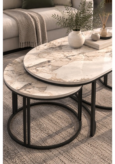 Sulorahome Efes Beyaz 3'lü Sehpa Seti Oval Mermer Desenli Metal Ayaklı Beyaz Mermer Sulorahome Efes Beyaz 3'lü Sehpa Seti Oval Mermer Desenli Metal Ayaklı Beyaz Mermer
