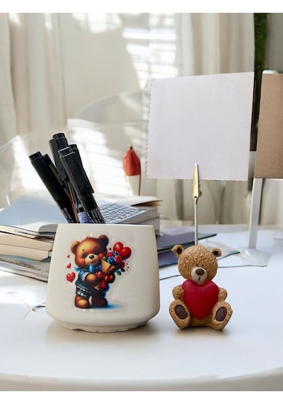 Sevimli Kalp Tutan Ayı Fotoğraf Not Tutacağı Balonlu Ayı Kalemlik Ofis Seti Hediyelik Tutacak Kahve