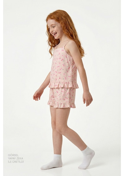 Penti Bej Kız Çocuk Pinky Cherry Pamuklu Pijama Takımı