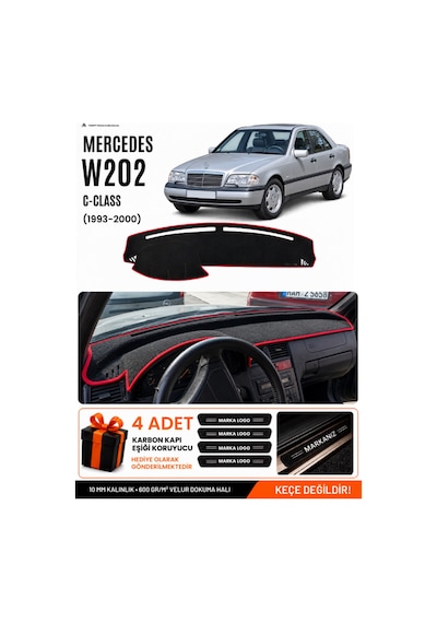 Mercedes W202 C-class 1993-2000 Uyumlu Torpido Örtüsü, Torpido Kılıfı - Siyah Kırmızı