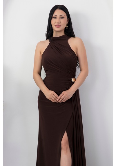 Kalopya Halter Yaka Drapeli Tokalı Abiye Elbise Ecr5862 Kahve