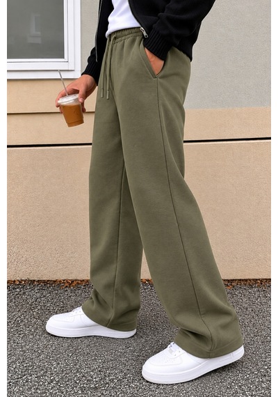 Tarz Cool Erkek Oversize Baggy Fit Eşofman Altı %100 Pamuk 3 İplik Şardonlu Bol Paça Rahat Kesim Haki