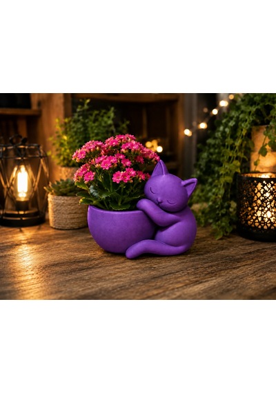 3d Baskı Sarılan Kedi Saksı - Sevimli Dekoratif Saksı - Mor -