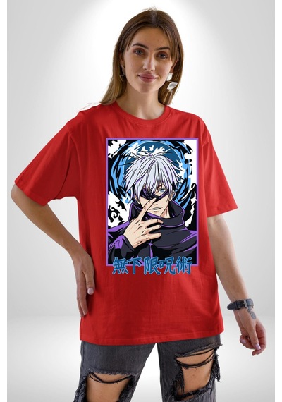Jujutsu Vintage Washed - Megumi Gojo Anime Manga Pamuklu Bisiklet Yaka Unisex Oversize Boyfriend Dijital Baskılı Kırmızı T-shirt Kırmızı