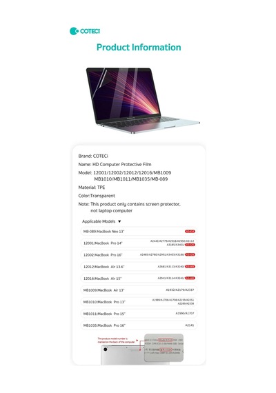 Premium Coteci Macbook 13 Pro Hd Ekran Koruyucu Tabaka Parça Bireysel