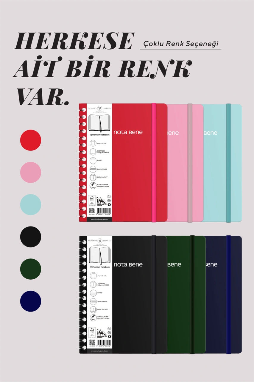 Nota Bene Spiralli Premium Sert Kapak Defter, 14.8x21 Cm, Çizgili Pembe
