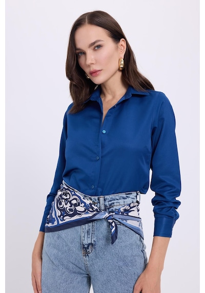 Tudors Kadın Slim Fit Dar Kesim Vücuda Oturan Uzun Kollu Lacivert Basic Gömlek-38823 Lacıvert