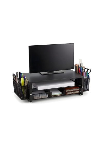Temel Siyah Metal Mesh Monitör Yükseltici Stand Çekmeceli Kalemlikli Masaüstü Organizer 9210