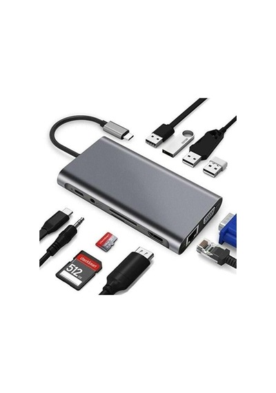 Fc-31 Apple MacBook Uyumlu Uyumlu Type-c Usb-c To 4 Usb 3.0 4k 1080p Hd Hdmı Vga Rj45 Pd Aux Ses Sd Tf Kart 11ın1 Çevirici Hub Adaptör Sku: Zeusb0b6zxlphj
