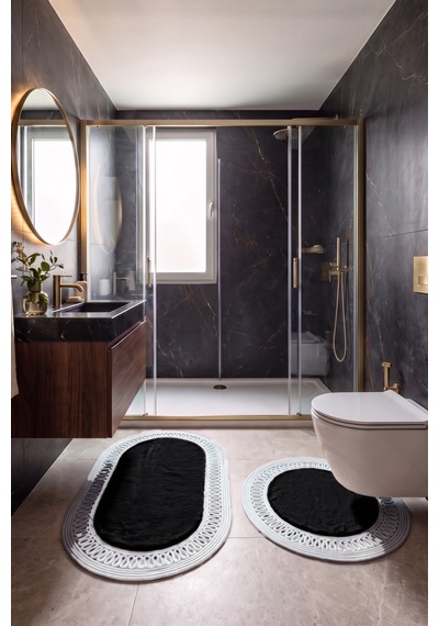 Banyo Paspası Takımı 60x100+60x60 Cm İç Trikot Siyah & Gümüş