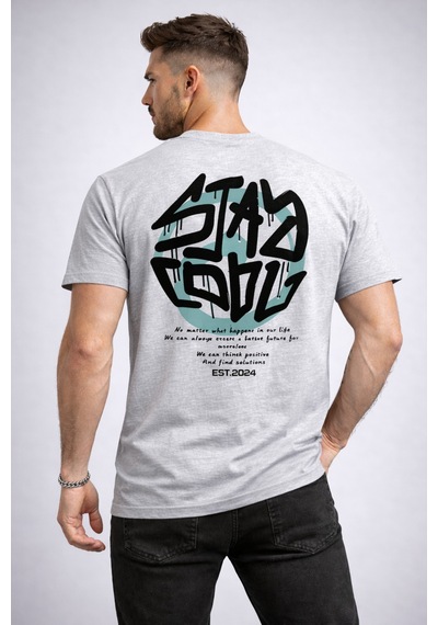 Herkesemoda Arka Stay Yazı Detaylı Basic T-shirt Gri