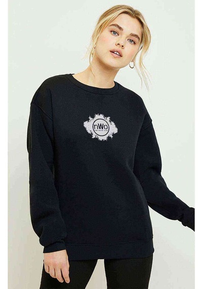 New World Order Baskılı Siyah Kadın Sweatshirt