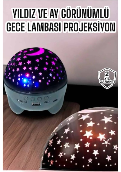 Gece Lambası Projeksiyon Görünümlü Şarjlı Yıldızlı Yuvarlak Renkli