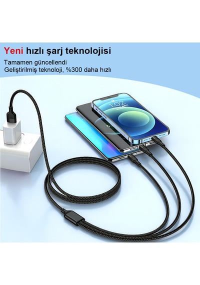 Ultra Dayanıklı 3 Lü 66w Şarj Kablosu 6a 6 Çip 2000 Kez Bükülmeye Dayanıklı 1.2 Metre 1.2M 3ın1
