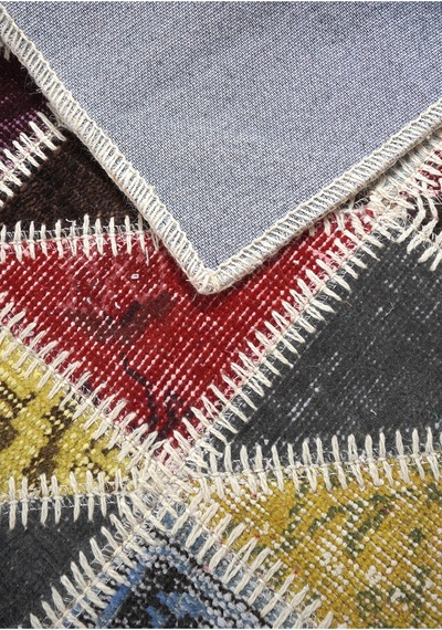 El Dokuması Vintage Patchwork Halı %100 Yün Ve Doğal Boyalı Çok Renkli
