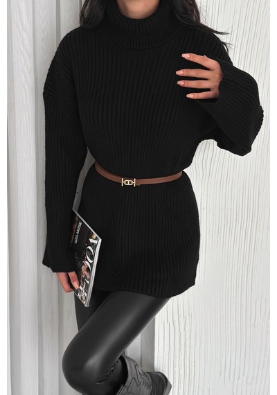 Femelle Kadın Siyah Standart Beden Basic Boğazlı Oversize Triko Kazak