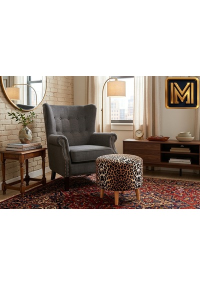 Medet Home Leopar Desenli Puf 40x40x40 Cm Dekoratif Ahşap Ayaklı Oturma Pufu Çok Renkli