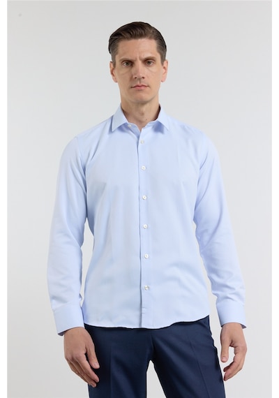 İmza Mavi - Beyaz Kendinden Desenli Sert Yaka Uzun Kol Cepsiz Slim Fit Pamuklu Gömlek 1004255214