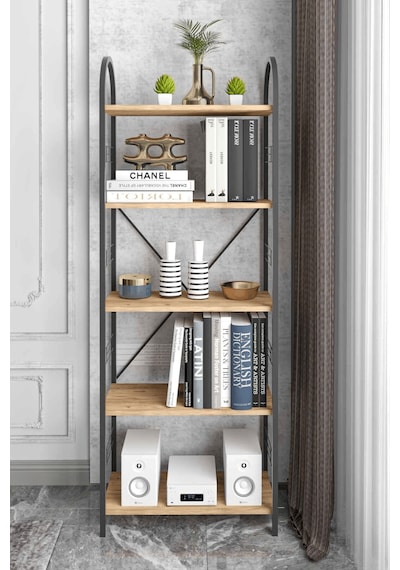 Reyo Falez 5 Geniş Raflı Kitaplık Metal Çerçeveli Modern Raf Çalışma Odası Ofis Salon Kitaplığı Evrak Rafı 180 Cm Atlantik Çam Beyaz
