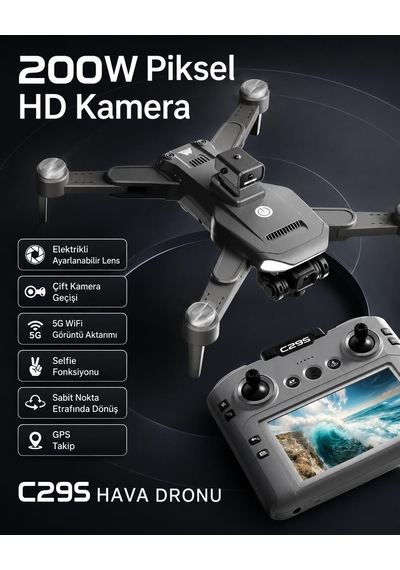 C29s Gps Drone Ekranlı Kumanda Özel Öantalı Led Işıklı 360 Derece Engel Algılamalı Profesyonel Hd Hava Dronu Elektirikli Lens 50x Zoom Fırçasız Motor Katlanabilir Tasarımı