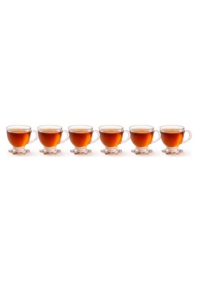 6 Lı Cam Çay Fincanı Seti 210 Ml Yıldız Ayaklı Kendinden Desenli Kulplu Çay,kahve Fincanı Takımı Şeffaf