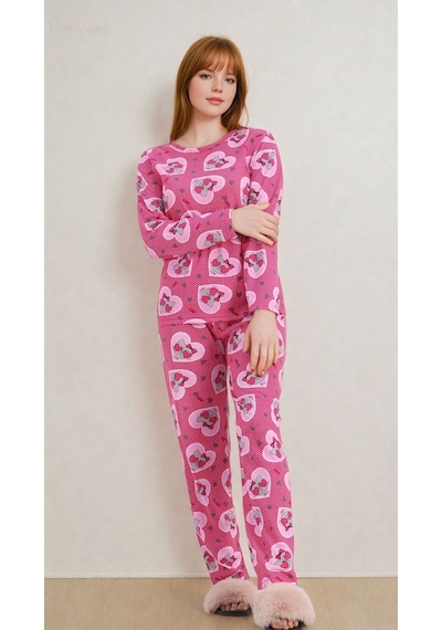 Burcumay Kadın Pembe Kalpli Kedi Desenli Bisiklet Yaka 2 Parça Pijama ... Pembe