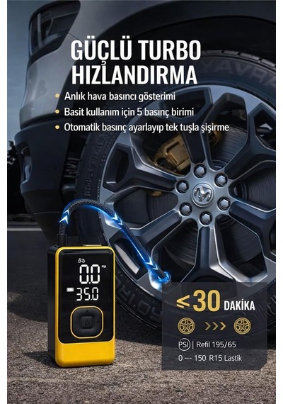 Taşınabilir Hava Pompası, Dijital Ekranlı Lastik Şişirme Kompresörü, Led Işıklı, Type-c Şarjlı, Powerbank