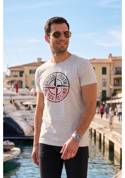 Buratti Baskılı Bisiklet Yaka Pamuklu Slim Fit Erkek T Shirt 541Pusula Açık Melanj