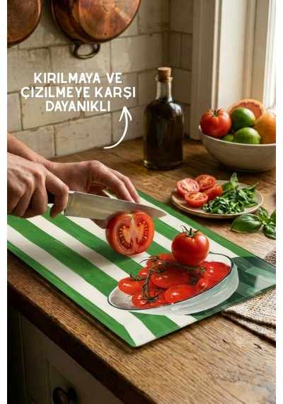 Domates Desenli Cam Kesim Tahtası - 25x35cm -dayanıklı Ve Pratik Kesim Matı Kırmızı