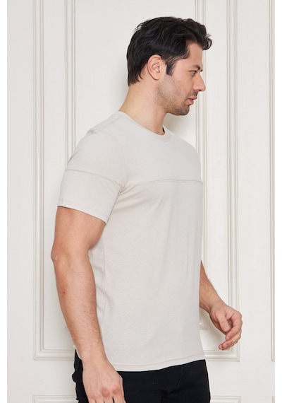 Jeuss Erkek Viscon Lina Likralı Kumaş Bisiklet Yaka Bej Tshirt