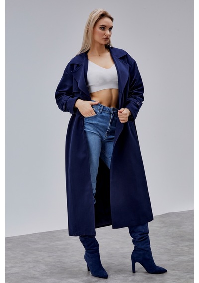 Oversize Rüzgarlık Detaylı Trençkot Lacivert
