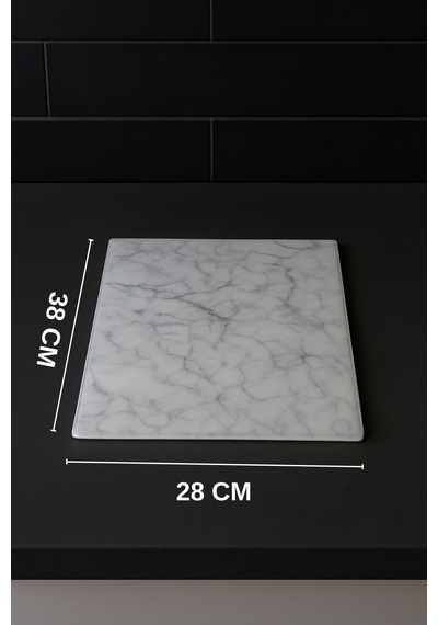 Cam Kesme Tahtası Büyük Boy 38x28 Mermer Desen, Kaymaz Silikon Ayaklı Beyaz