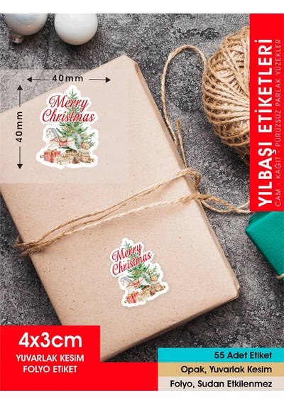Yılbaşı Ağacı Etiket - 1 , Merry Christmas, 4 Cm - 55 Adet Folyo Sticker Çok Renkli