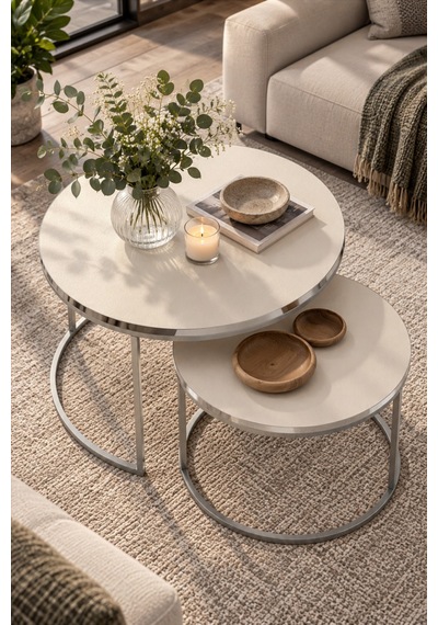 Sulorahome Gümüş Metal Ayaklı Krem 2'li Yuvarlak Orta Sehpa Seti