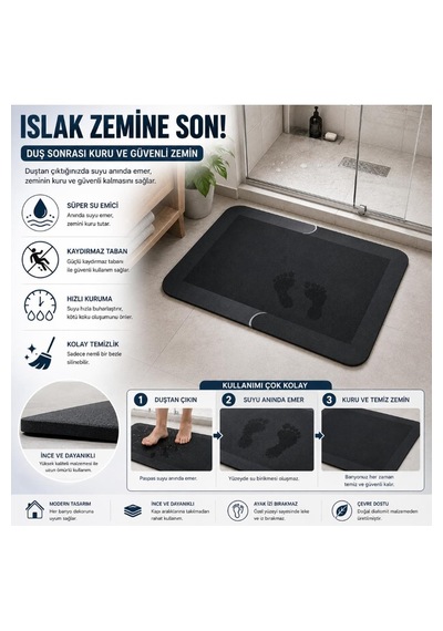Sihirli Banyo Paspası 38x58 Cm Süper Su Emici, Kaydırmaz Ve Hızlı Kuruyan Dikdörtgen Siyah