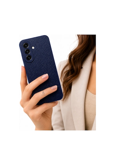 Samsung Galaxy A27 Uyumlu Deri Dokulu Silikon Telefon Kılıfı Ve Şeffaf Temperli Cam Ekran Koruyucu Lacivert