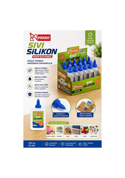 Sıvı Silikon Yapıştırıcı 100 Ml 3 Adet Mikro Silikon Yapıştırıcı Sıvı 100 Gr Plastik Cam Mermer Kağıt Karton Tahta Köpük