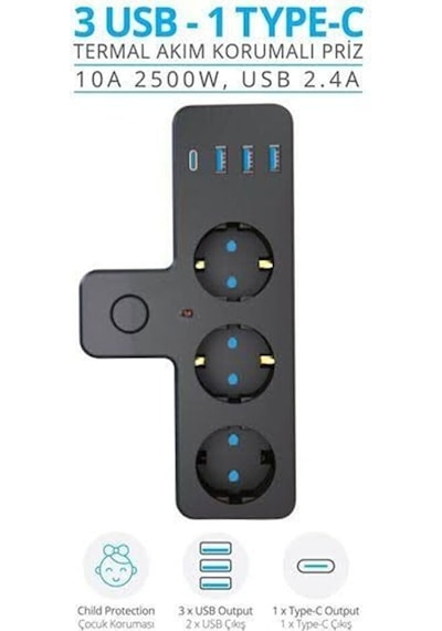 3'lü Akım Korumalı Priz Çoğaltıcı 2500w 3xusb 2.4a 1xtype-c Diğer
