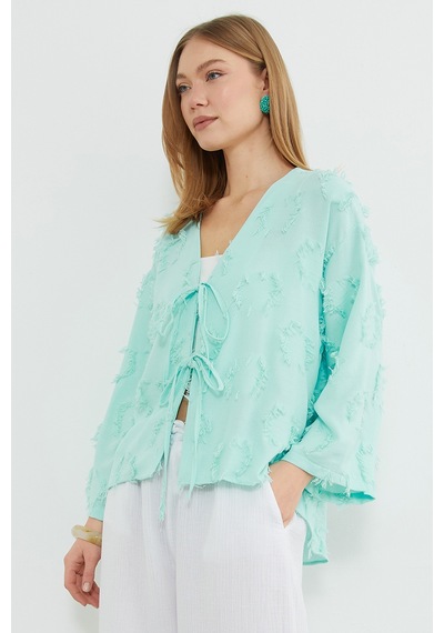 Fullamoda Püsküllü Önü Bağlamalı Salaş Kimono Mint Yeşili